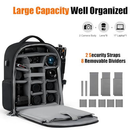 Cwatcun DSLR Camera Backpack，Large DSLR Camera Bag with 17" Laptop Compartment, Waterproof & Tripod Ready - color: Black, size: 2.0 X Large