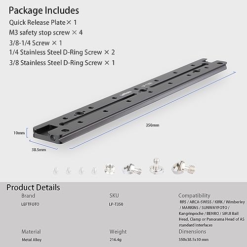 LEFTFOTO 350mm Double Dovetail Slide Rail with Arca Swiss Quick Release Plate,Locating Hole for ARRI,1/4" & 3/8" Threads,Cold Shoe - for DSLR Camera Tripod Ballhead - size: 350mm