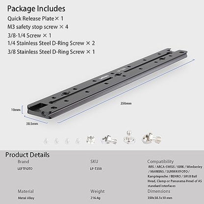 LEFTFOTO 350mm Double Dovetail Slide Rail with Arca Swiss Quick Release Plate,Locating Hole for ARRI,1/4" & 3/8" Threads,Cold Shoe - for DSLR Camera Tripod Ballhead - size: 350mm