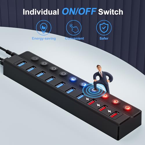 ONFINIO Powered USB Hub, 10-Port USB Splitter Hub (7 Faster Data Transfer Ports+ 3 Smart Charging Port) with Individual LED On/Off Switches and 12V/3A Power Adapter USB Extension for Mac, PC and More - style: 10 PORT QC 3.0