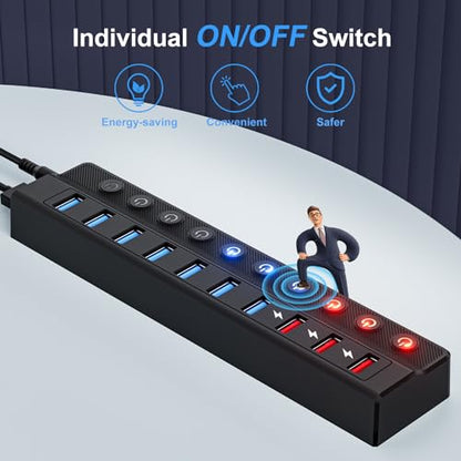 ONFINIO Powered USB Hub, 10-Port USB Splitter Hub (7 Faster Data Transfer Ports+ 3 Smart Charging Port) with Individual LED On/Off Switches and 12V/3A Power Adapter USB Extension for Mac, PC and More - style: 10 PORT QC 3.0