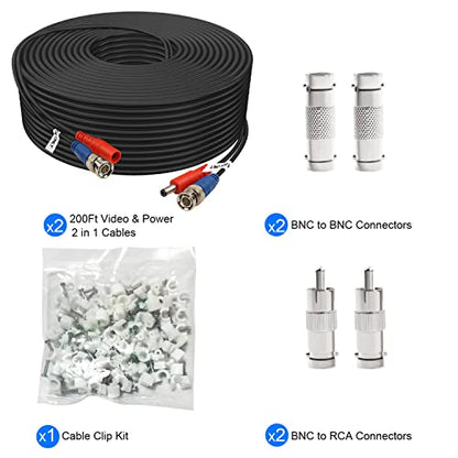 BNC Cable 200ft 2 Pack Aimyzii BNC Video Power Cable,Security Camera Cable for CCTV Camera DVR Security Systems(Included 4X BNC Adapters,50 Pcs Cable Clips)-Black - size: 200 FT