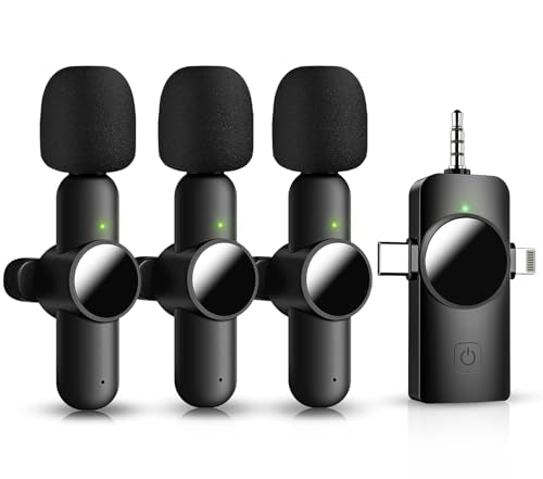 Mini Microphone for iPhone Android, 3 Wireless Lavalier Microphones | USB-C Lightning 3.5mm receiver, plug and play noise reduction mic for camera, TikTok, YouTube, vlog and interviews