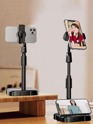 Phone Stand for Desk, Angle Height Adjustable Holder for Desk, Desktop Webcam Mount Compatible, Ergonomic Design, for Smartphone Devices, Office Desk Accessories (Black)