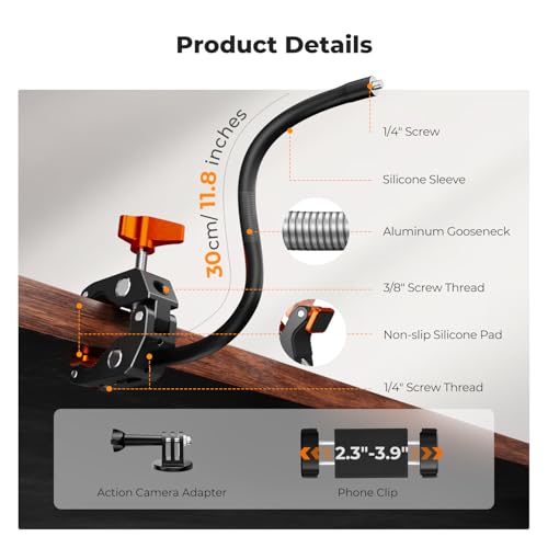 K&F CONCEPT Flexible Clamp Mount Kit, Action Camera Gooseneck Mount with 1/4" & 3/8" Screws for Flat & Round Surfaces, Compatible with Smartphone, Action Camera, Light and Webcam