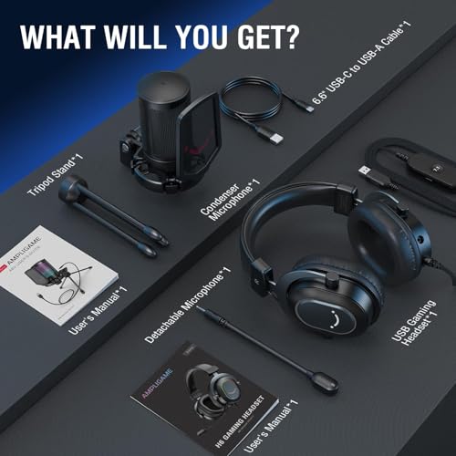 FIFINE Gaming USB Microphone with Headset Bundle for PS5, PC Condenser Mic with Quick Mute, RGB, Gain Control for Streaming, Wired Headphones with Microphone Set with EQ Mode, Soft Ear Pads (A6V+H6)
