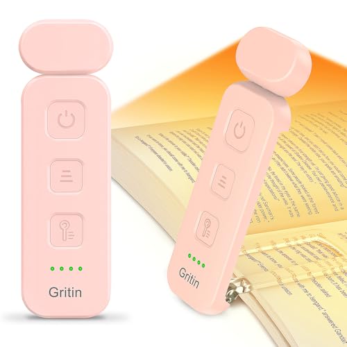 Gritin Reading Light, Rechargeable Book Light for Reading in Bed | Eye Caring 3 Color Temperatures, 5-Level Dimmable Brightness, Long Lasting, Compact Size Clip on Book Lamp for Bookworms-Pink - color: Pink