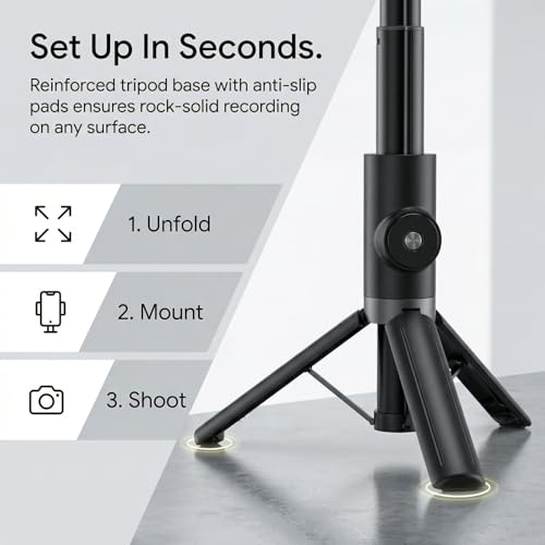 Selfie Stick Tripod Portable Extendable Cell Phone Stand with Detachable Mini Ring Light Phone Tripod Stand with Bluetooth Remote for iPhone Android for Vlogging/Travel/Live Streaming (Black) - color: Black
