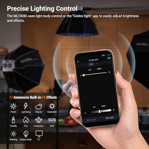 Godox ML100Bi 100W Portable LED Video Light,CRI 97+/TLCI 98+,0%-100% Brightness& Bi-Color COB Continuous Output Lighting 2800-6500K,11 FX Lighting Effects,App Control Mini Photography Light - color: ML100Bi