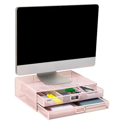 Mind Reader Mesh Monitor Stand, Pink | Storage Drawer, Ventilated Laptop Riser, Desktop Organizer, Metal Mesh