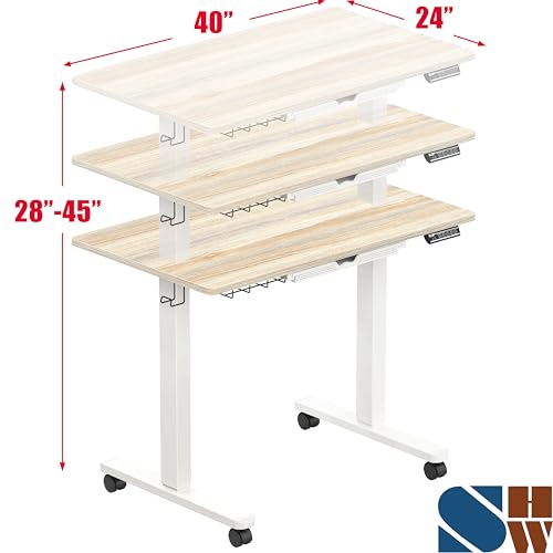 SHW 40-Inch Mobile Electric Height Adjustable Sit to Stand Desk with Drawer, Hanging Hooks and Cable Management, Maple - color: Maple