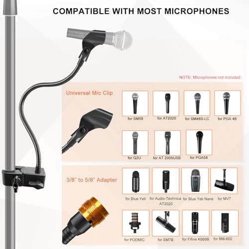 Microphone Stand, Versatile Mic Arm for Desk Pole Tripod, Gooseneck Mic Stand Desk Mount with Super Clamp Mic holder and 3/8" to 5/8" Adapter, Fits for Blue Snowball and Other Microphones (21 Inch)