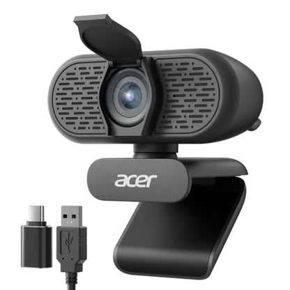 Acer 1080p Webcam USB Plug and Play Webcam for PC with Noise Cancellation Microphones Computer Camera for Desktop Streaming Gaming Online Meeting Wide Angle Privacy Cover A-to-C Adapter Easy Setup - color: Black