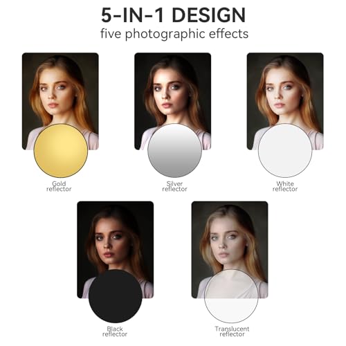 UTEBIT 43"/110cm Photography Reflector with Stand & Clamp | 5-in-1 Multi Disc Translucent/Silver/Gold/White/Black Photography Reflector Collapsible Light Reflector for Studio Outdoor - size: 43 inch