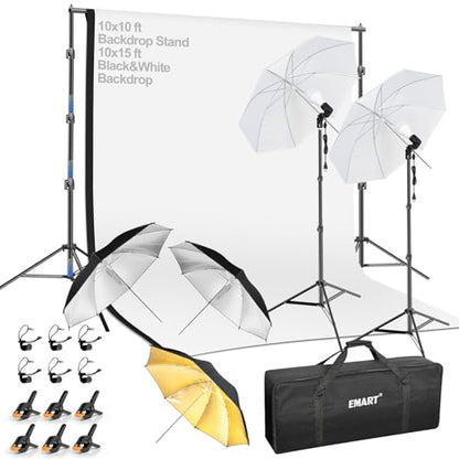 EMART 10x10ft Photography Backdrop Kit with 50W 5500K Daylight Umbrella Continuous Lighting Set, Black & White Backgrounds for Photo Studio Product, Photoshoot, Portrait Shoot - size: 10*10ft Stand/10*15ft Backdrop