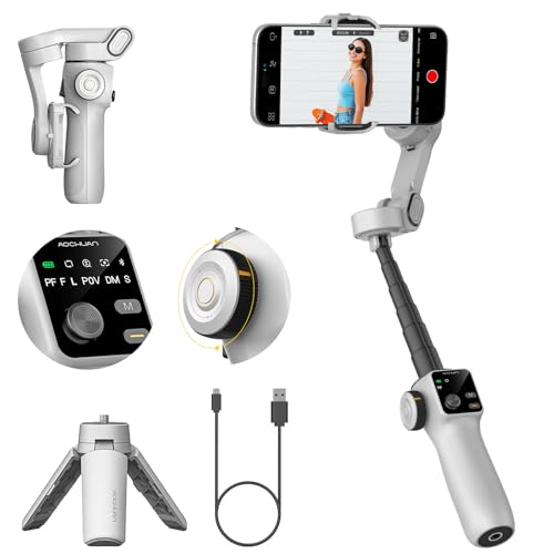 AOCHUAN Gimbal Stabilizer for iPhone & Android, 3-Axis Phone Gimbal with OLED Screen, 7.8" Extendable Rod, Face & Gesture Tracking, Ideal for Vlogging, Travel & Video Recording-Smart V8 White - color: White, size: V8 without RC