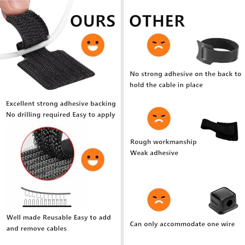 48Pcs Upgraded Under Desk Cable Management Ties - Self Adhesive Sticky Back Hook and Loop Straps, Cable Wire Organizers for Home Office - color: Black
