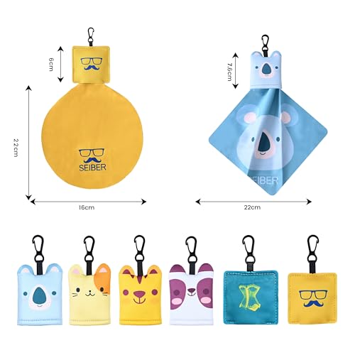 SEIBER Microfiber Glasses Cleaning Cloth with Pouch,Cute Pattern 6 Pack | Eye Glass Clothes for Eyeglass,Camera Lens,Phone & Screen,with Keychain,Portable for travel, home office.