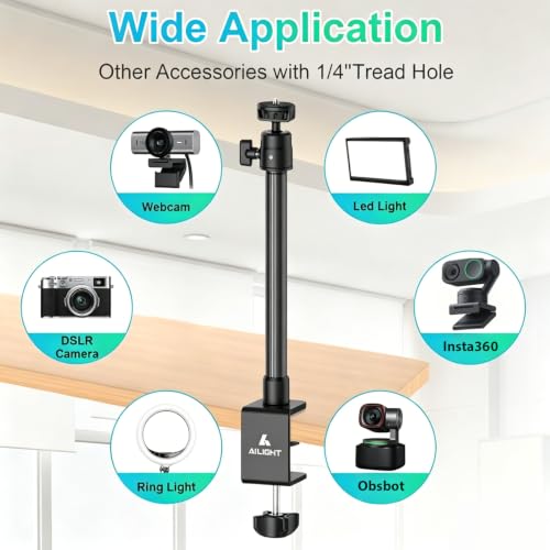 Ailight Desk Mount for Live Streaming, Instant Height Adjustable C-Clamp Stand with Ball Head & Phone Holder, 1/4" Screw for Camera/Smartphone/Webcam, Tool-Free Telescopic for Vlogging & Recording - size: TS6002