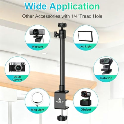 Ailight Desk Mount for Live Streaming, Instant Height Adjustable C-Clamp Stand with Ball Head & Phone Holder, 1/4" Screw for Camera/Smartphone/Webcam, Tool-Free Telescopic for Vlogging & Recording - size: TS6002