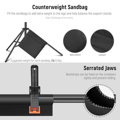 Neewer Backdrop Stand 10ft x 7ft, Adjustable Photo Studio Backdrop Support System for Wedding Parties Background Portrait Photography with 4 Crossbars, 8 Clamps,2 Black Sandbags and Carrying Bag-BLACK
