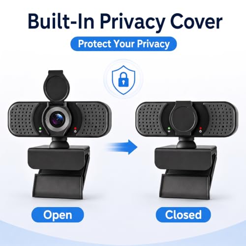 1080P Webcam with Microphone, USB Camera for PC and Laptop, Privacy Cover | For meetings, remote work, classes, streaming, and video calls; includes 105° wide view, privacy cover, and mini tripod