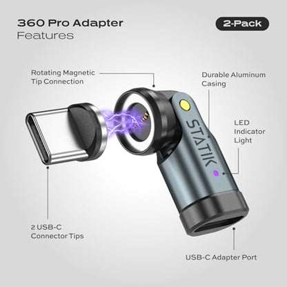 Statik 360 Pro USB C Magnetic Tip Power Adapters, 100W Fast Charging Adapter, Turn Any Cable Into a 360 Pro, Pivotable Tip Compatible with Any USB-C Cable - 2-Pack