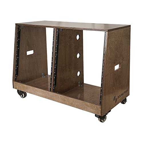 Sound Town DIY 2 x 12U Slanted Studio Rack with Solid Baltic Birch Plywood, Casters, weathered brown for Recording Room, Home Studio (SDRK-D12TB) - size: 2 x 12U, Weathered Brown