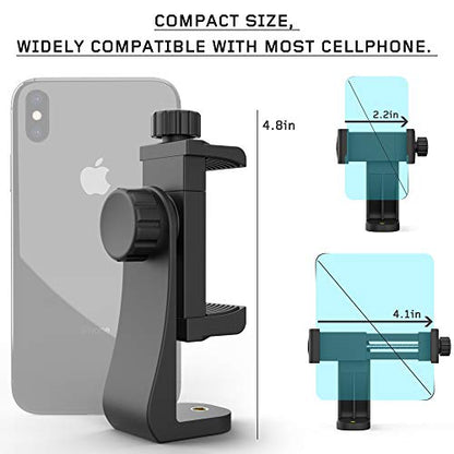 Universal Phone Tripod Mount Adapter with Ｗireless Camera Remote and LED Light, Cell Phone Holder with Adjustable Clamp for Selfie Stick Monopod for iPhone, Samsung Wrist Strap Included - color: Black-with LED light