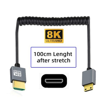Cable Mini HDMI 2.1 Male to HDMI Male 8K 60hz Stretch Coiled Cable for HDTV Computer Laptop Monitor (100cm) - style: Mini HDMI Straight Type