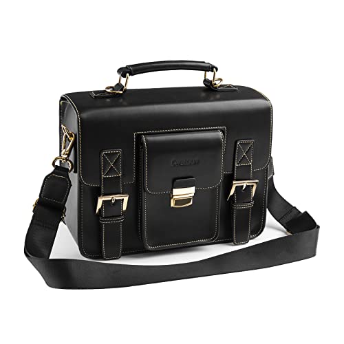 Cwatcun Leather Camera Bag Compact Shoulder Bag for Women, Vintage Sling Case Crossbody, Travel Photography Backpack for Canon, Nikon, Sony, Fuji DSLR/SLR/Mirrorless Cameras, Lens Accessories - color: Black, size: Medium