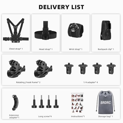 BRDRC Accessories Kit for Insta 360 X5 X4 Air, Chest Mount Head Strap Harness Backpack Clip Holder Wrist Strap, 360°Rotating Adapter + Quick Release for Insta360 One X5 X4 X3 X Camera Accessory Bundle