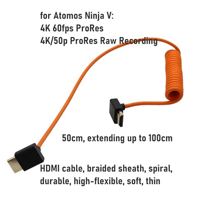HDMI 8K 4K ProRes Cable for Camera Monitor Gimbal, ATOMOS Ninja V Shinobi, Sony FX30 A7IV, Canon Lumix Nikon, BMPCC6K, FEELWORLD Portkeys SmallHD, Up Down Angled, 50cm Spiral - size: Down to UP Angled