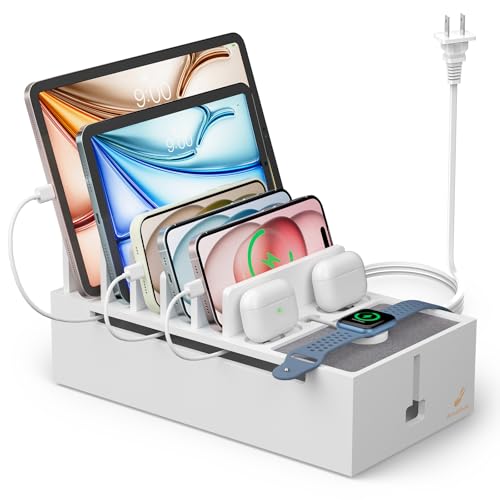 Pezin & Hulin Bamboo Charging Dock Station for Electronic Devices, Docking Organizer for Phone and Tablets, Smart Watch, Earbuds, Power Strip Box (Included 5-Port USB Charger and 6 Cables) -White - color: White