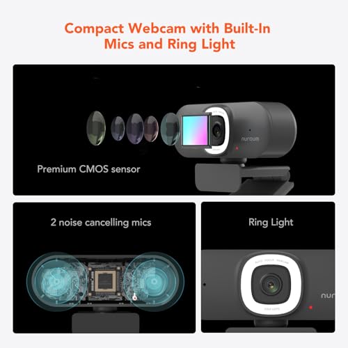 NUROUM V15AFL 2K Webcam with Ring Light for Streaming, Autofocus Webcam for PC w/Noise Cancelling Dual Mics, 1080P 60fps, 75° FOV&Lightweight, USB Web Camera Plug&Play for Zoom/Teams/OBS/Xsplit, Grey