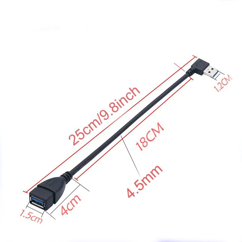 2 PACK 90 Degree (Left and Right Angle) USB 3.0 male to female extension cable can withstand fast data transfer, compatible with PC, laptop, mobile power, charger, etc. 7~12IN/20~30CM（Random length）