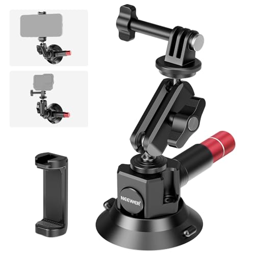 Neewer 3" Suction Cup Camera Mount Bracket with Ball Head Magic Arm, 1/4" ARRI Holes, Quick Release Car Mount with Phone Holder & Action Cam Adapter Compatible with iPhone DJI Insta360, CA104 - style: CA104