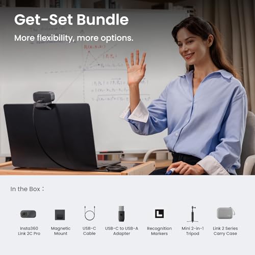 Insta360 Link 2C Pro Get-Set Bundle – 4K Webcam for PC/Mac, 1/1.3” Sensor, Low-Light, Auto Framing, HDR, Directional Noise-Canceling Mics, Supports Stream Deck, Zoom, Teams, Twitch for Streaming - style: Get-Set Bundle