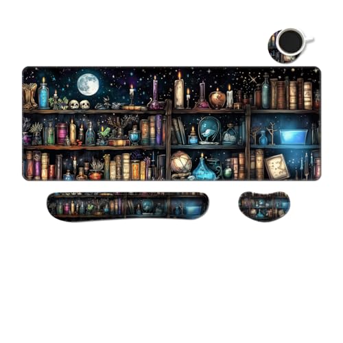 MIBITRI Keyboard Mouse Pad Set, Extended Gaming Mouse Pad+Ergonomics Keyboard Wrist Rest Support, Memory Foam, Easy Typing Pain Relief, 4Pcs XXL Ultra Thick Desk Mat, Enchanted Bookshelf - color: Enchanted Bookshelf