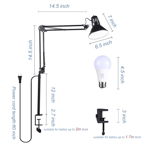 Swing Arm Desk Lamp for Home Office 360°Adjustable,Tall Metal Clamp on lamp with Bulb,Eye-Caring Clip on Desk Light for Computer Work Study Reading and Drafting