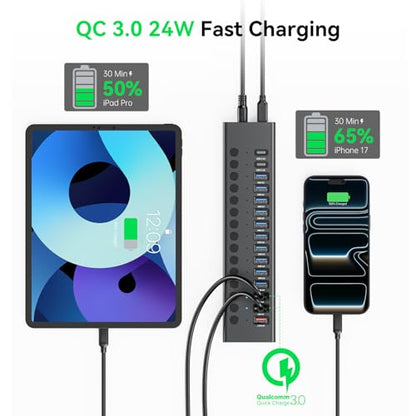 Powered USB Hub, AGEEN 16-Port USB 3.0 Hub (10 USB-A 3.0+2 QC 24W Fast Charging+2 Smart Charging+2 USB-C 3.0 Ports), 12V/8A 96W UL Certified Power Adapter for PC, Laptop, HDD, Flash Drive