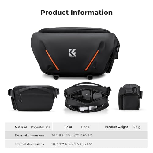 K&F CONCEPT Camera Sling Bag, Lightweight Camera Bag for Mirrorless/DSLR, Foldable Side Pocket & Quick-Access Front Pocket, Adjustable Divider, Camera Bags for Photographers, Black, 7L - color: Black