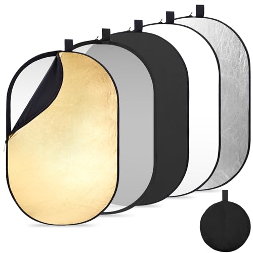 K&F CONCEPT 24" x36”(60x90cm) 5-in-1 Oval Foldable Reflector with Carrying Bag, Gold, Silver, Black, White Reflective Fabric and Translucent Soft Fabric for Studio Lighting - size: 60x90cm