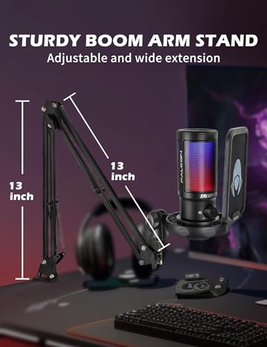 talomen Gaming Microphone for PC Computer, USB Streaming Condenser Mic Kit with RGB, Quick Mute, Gain Knob, Boom Arm Stand, Pop Filter for Podcasts YouTube F8S