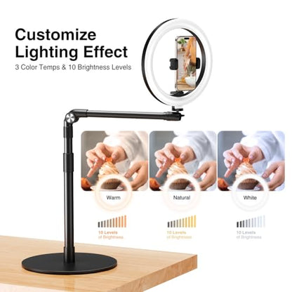 elitehood Overhead Phone Mount with Light for Video Recording, Adjustable Desk Ring Light with Stand and Phone Holder, Heavy Duty Overhead Camera Mount Tripod for iPhone Cooking Video, Filming Meeting - style: Desk Stand with Light