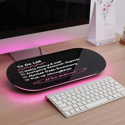 TSJ OFFICE Glass Desktop Whiteboard - 17 X 7 Inches Small Dry Erase Board with Pink Light, Black Glass White Board Surface Notepad with 1 Drawer, Desk Organizers for Office, Home, School Supplies - color: Pink Light (Black Glass)