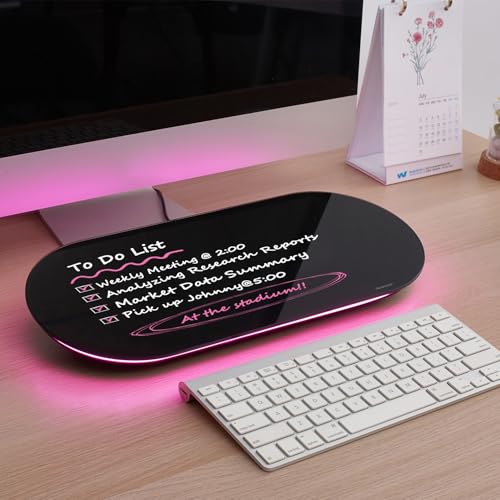TSJ OFFICE Glass Desktop Whiteboard - 17 X 7 Inches Small Dry Erase Board with Pink Light, Black Glass White Board Surface Notepad with 1 Drawer, Desk Organizers for Office, Home, School Supplies - color: Pink Light (Black Glass)