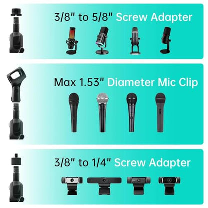 Desk Microphone Stand Weighted Base Mic Holder for Podcast Stream Recording | Solid Metal base holds 2.2lb. Adjustable Dual pivot 180° angle control.Includes mic adapters.Non-slip pads.Fits most gear