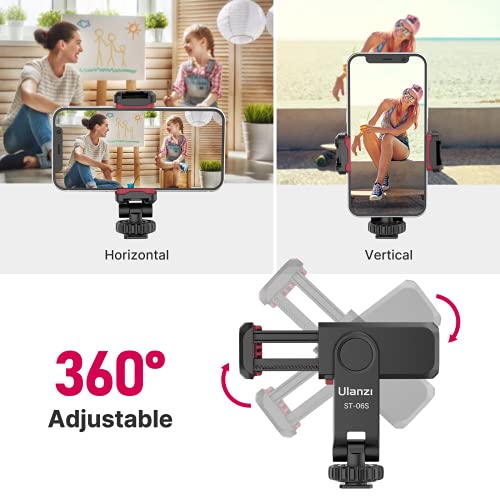 ULANZI Phone Tripod Mount ST-06S, Universal Smartphone Mount Adapter with 2 Cold Shoe, 360° Rotates Adjustable Cell Phone Clip Clamp Holder, Compatible with iPhone17/16/15, Samsung Galaxy Smartphones - color: Black