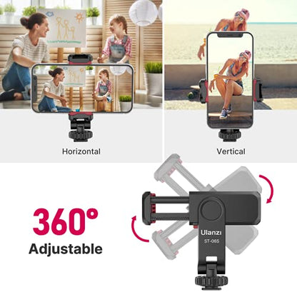 ULANZI Phone Tripod Mount ST-06S, Universal Smartphone Mount Adapter with 2 Cold Shoe, 360° Rotates Adjustable Cell Phone Clip Clamp Holder, Compatible with iPhone17/16/15, Samsung Galaxy Smartphones - color: Black